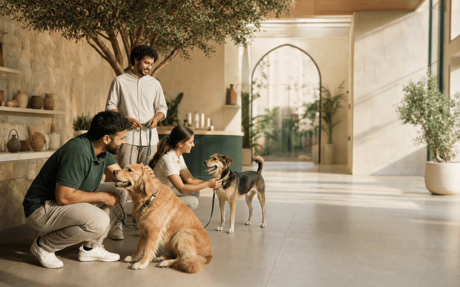 Pet-care professional welcoming a dog into a modern care facility